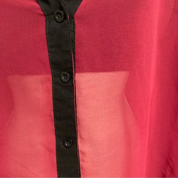 Sheer Button Down High Low Tunic Maroon Black Accent Blouse Womens Large - Picture 7 of 12